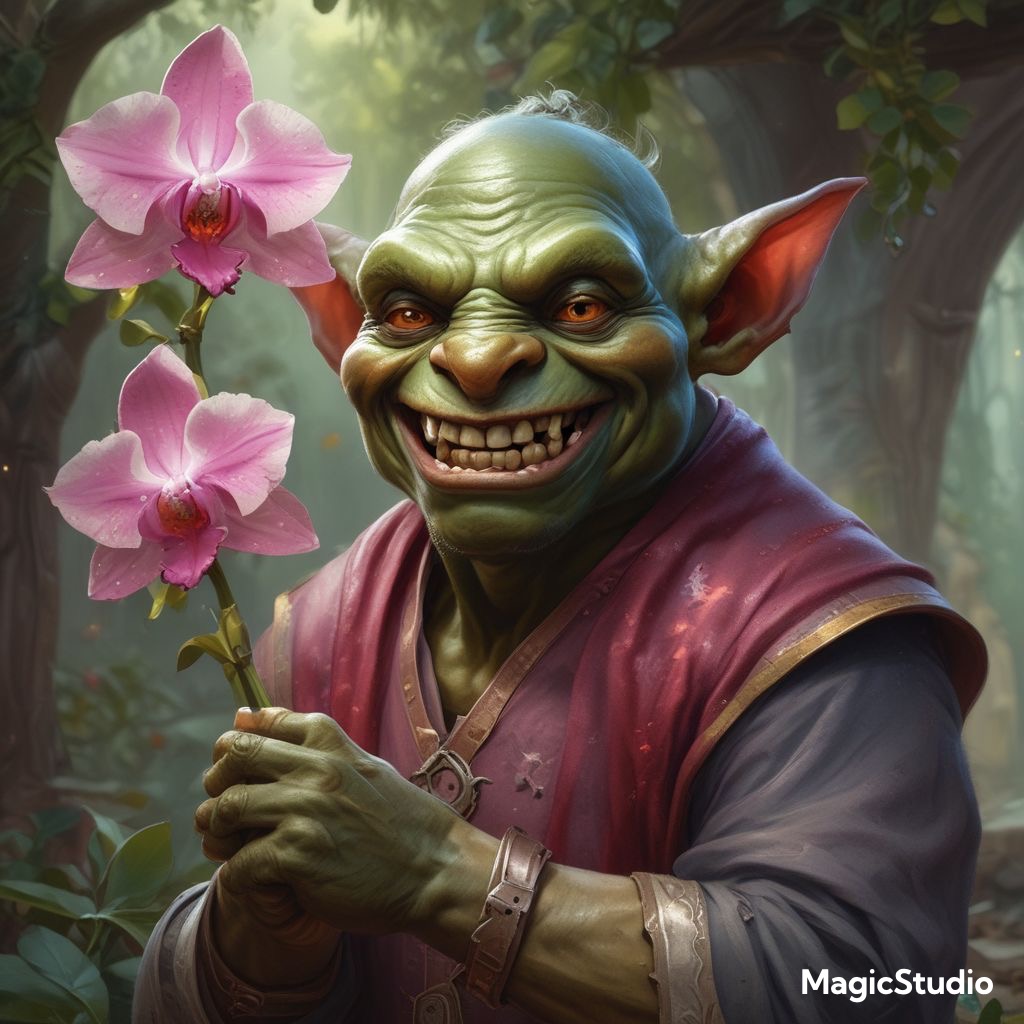 orc holding an orchid